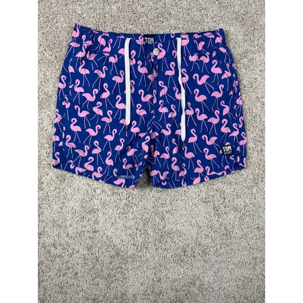 Tom & Teddy Flamingo Swim Trunks Men's Small Blue Pink Lined Beach Shorts